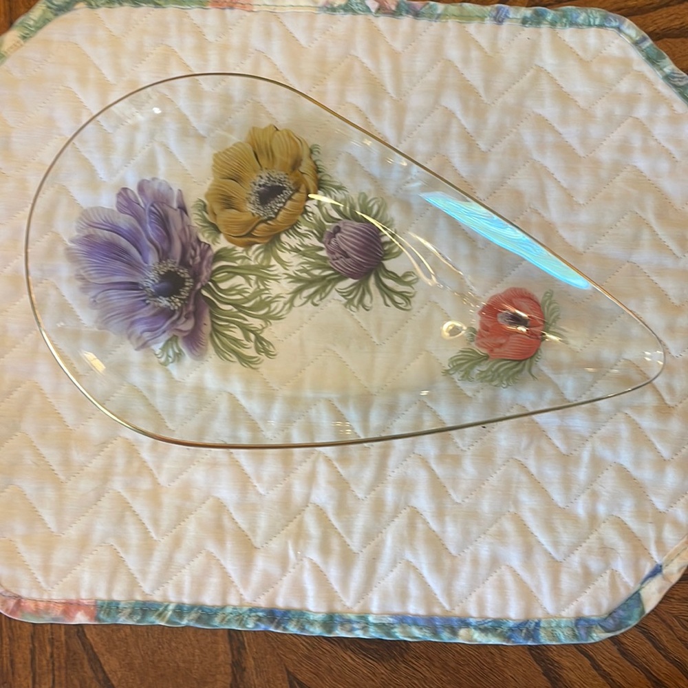 Glass Serving Dish with Applied Flowers